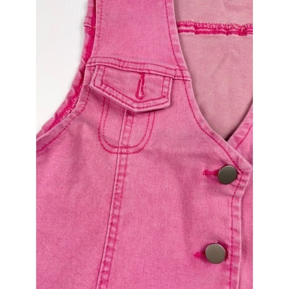 Y2K Pink Denim Two‎ Piece Set Crop Vest Raw Hem Star Cutout Shorts Size Small